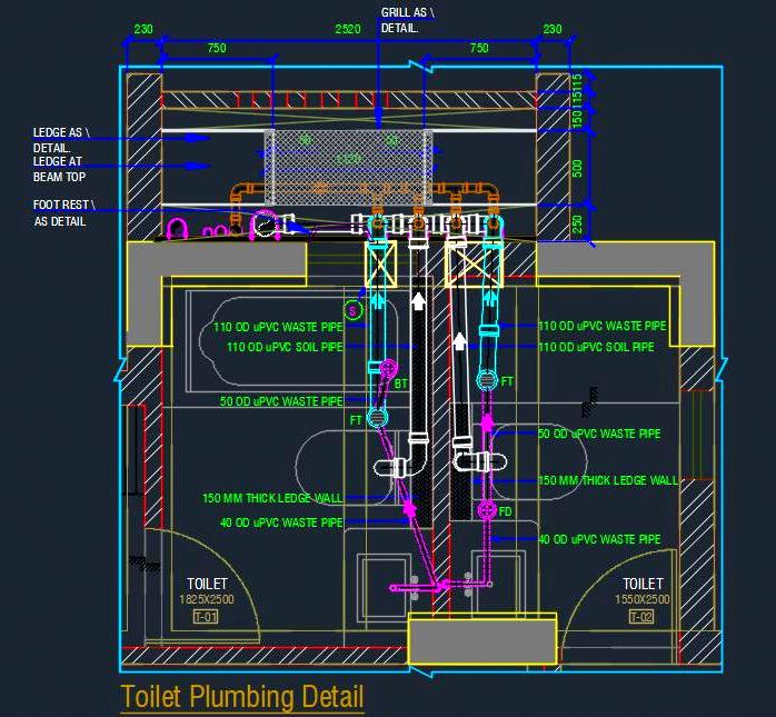 Toilet Plumbing CAD Drawing with Drainage System Details